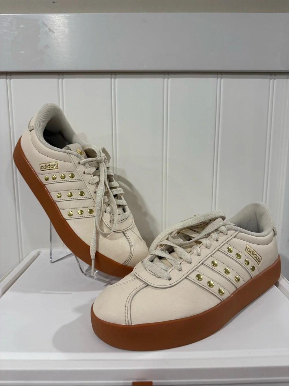 adidas Women's VL Court 3.0 Wonder White Gold Stud Sneakers